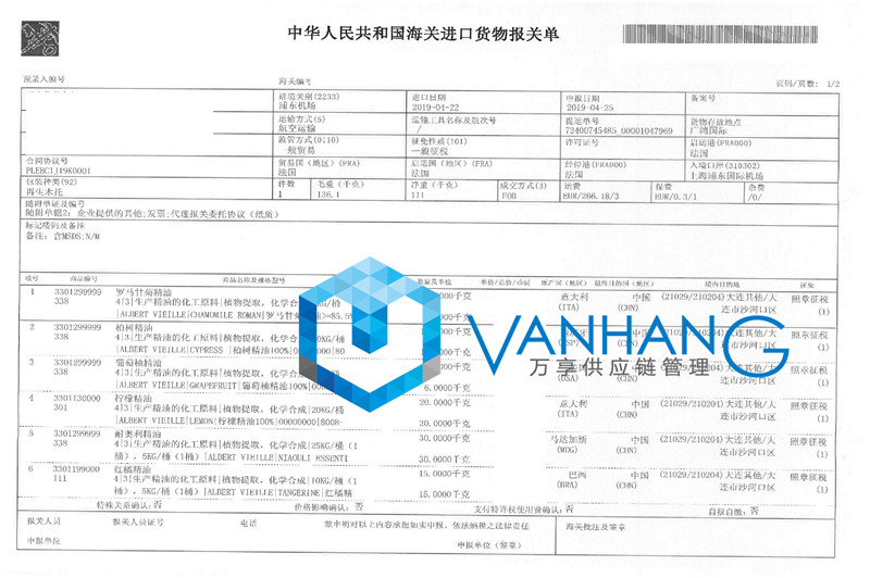 法國精油進口清關(guān)流程